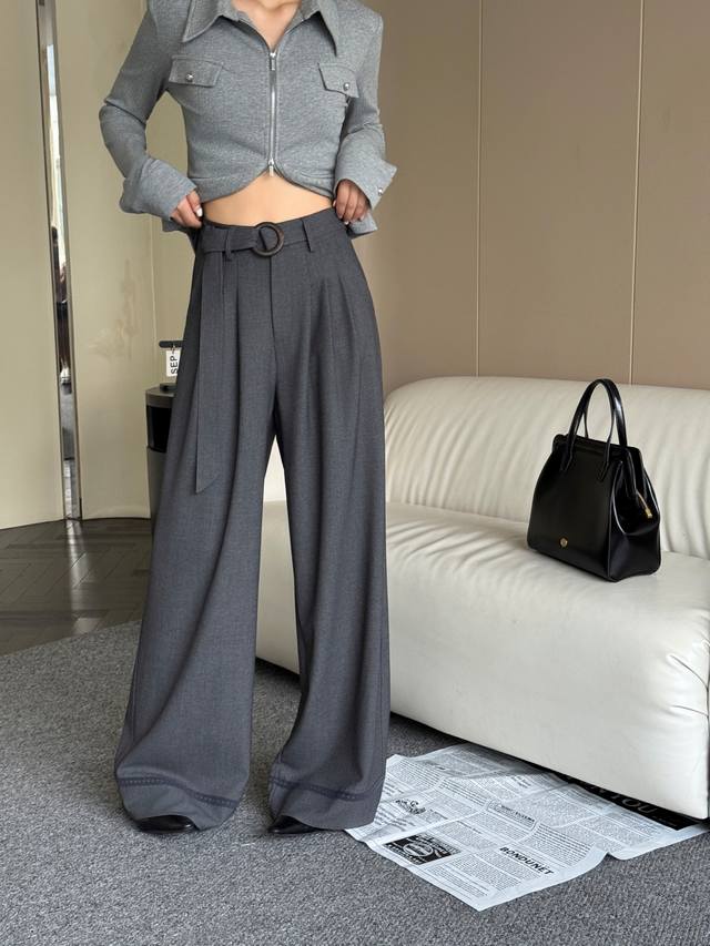 25秋款上新 高腰显瘦 圆环腰带宽松阔腿裤 三色 灰色， 咖色，黑色 S-Xl
