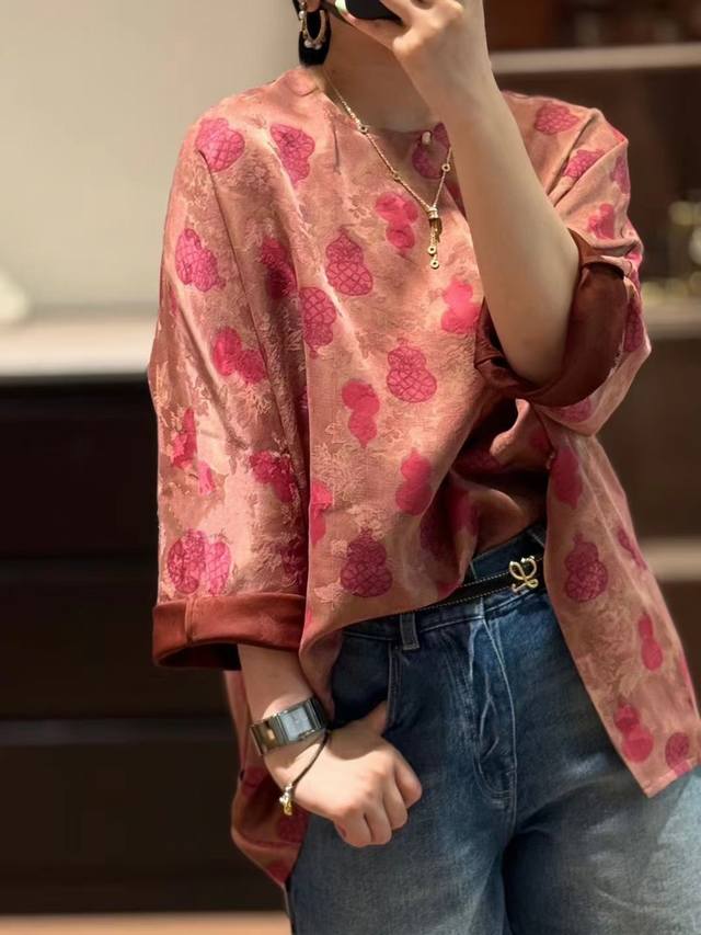 爆款翻单出货 新中式圆领斜襟葫芦真丝香云纱上衣 面料：真丝香云纱 颜色：绿色 粉色 码数：S-Xl