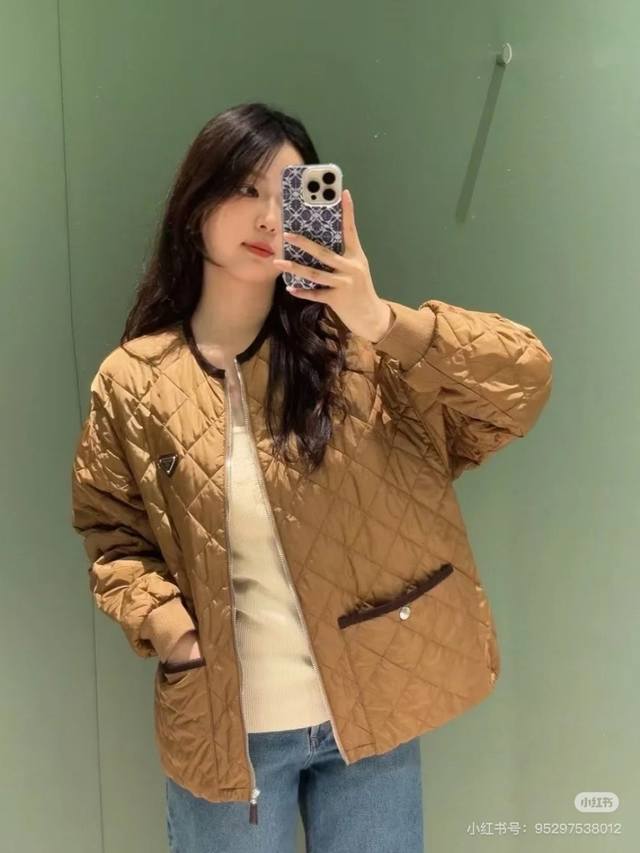25新品 咖色菱形格夹棉薄外套夹克 Sm L