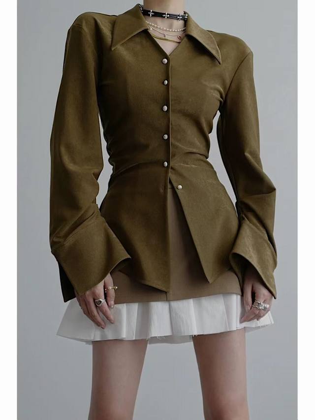 爆款上新！无以幻象 气质polo领喇叭袖尖领高级感御姐风收腰显瘦百搭上衣Smlxl