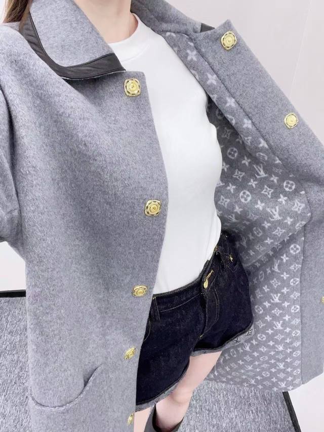 驴家 拼皮翻领双面尼羊毛大衣 灰色 Sml