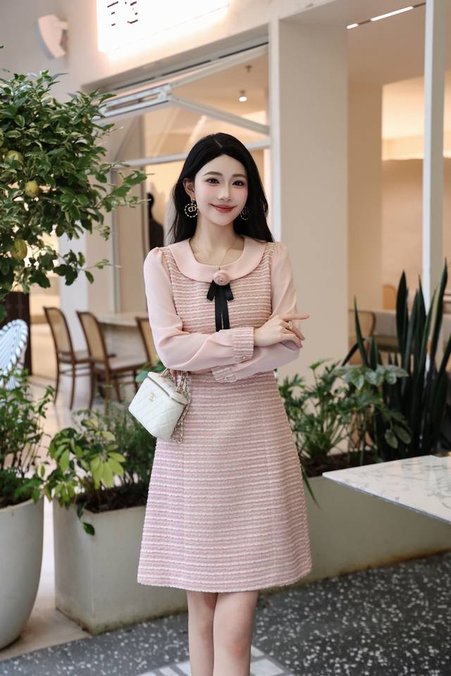 小香风简约长袖连衣裙,甜美减龄,高端品质，简单大气，版型超好粉色，蓝色，Smlxlxxl