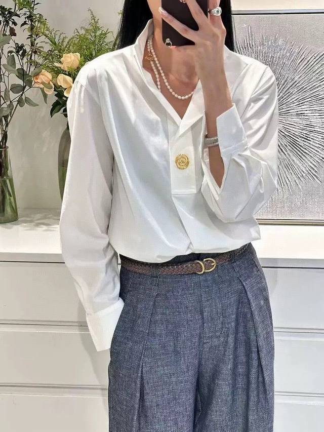 新款定制进口高支棉时髦洋气立领金属扣装饰宽松廓形衬衫 一色三码Sml 面料:抗皱棉