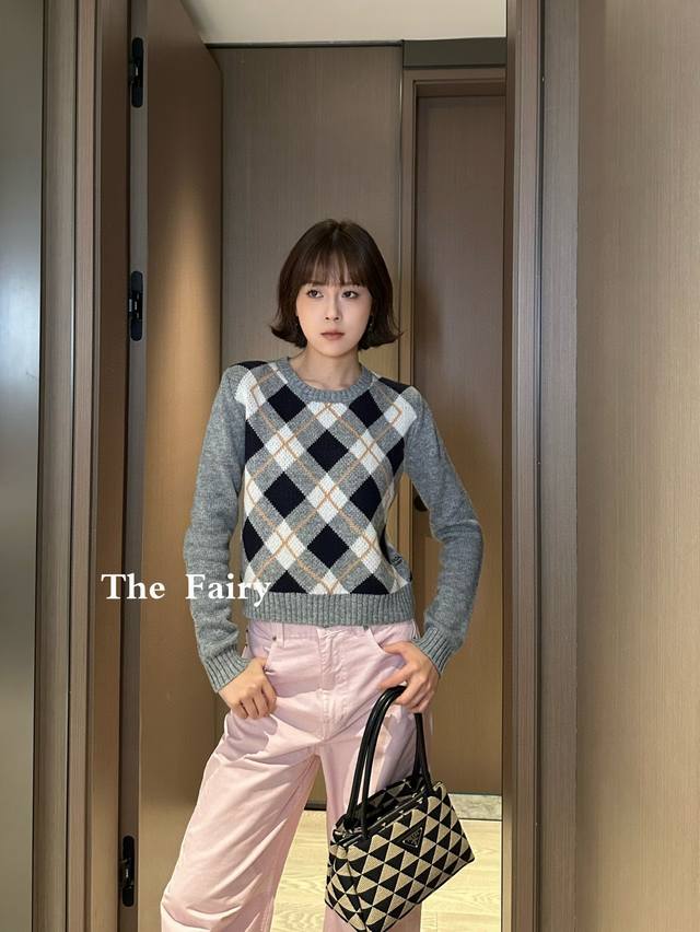 pd* 菱形格针织衫 字母洋气百搭长袖套头衫 灰色