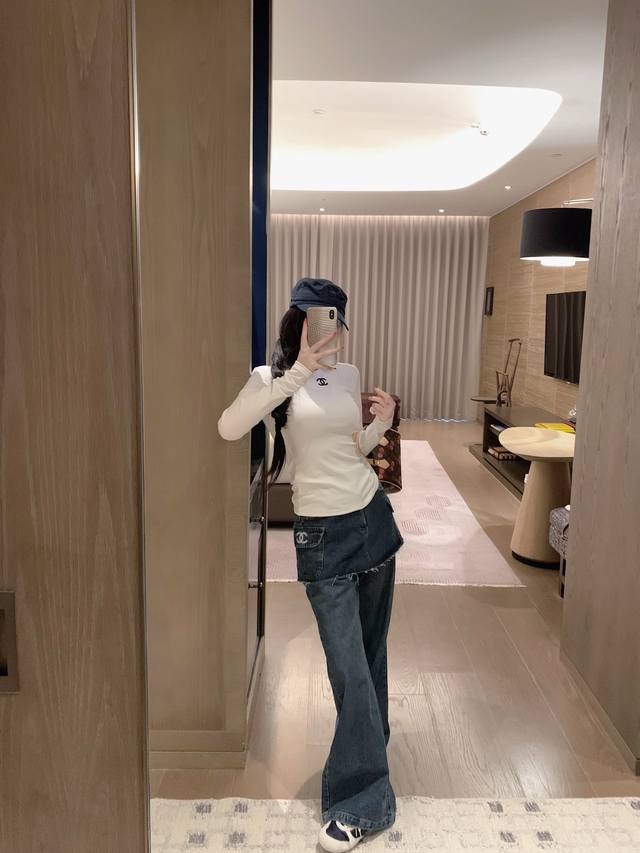 Chane*小香定制辅料假两件牛仔长裤S Ml