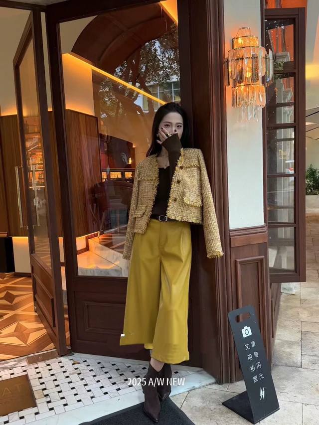 2025早秋新款复古气质小香风编织流苏边单排扣外套 码数：S-Xl 颜色：粉 黄