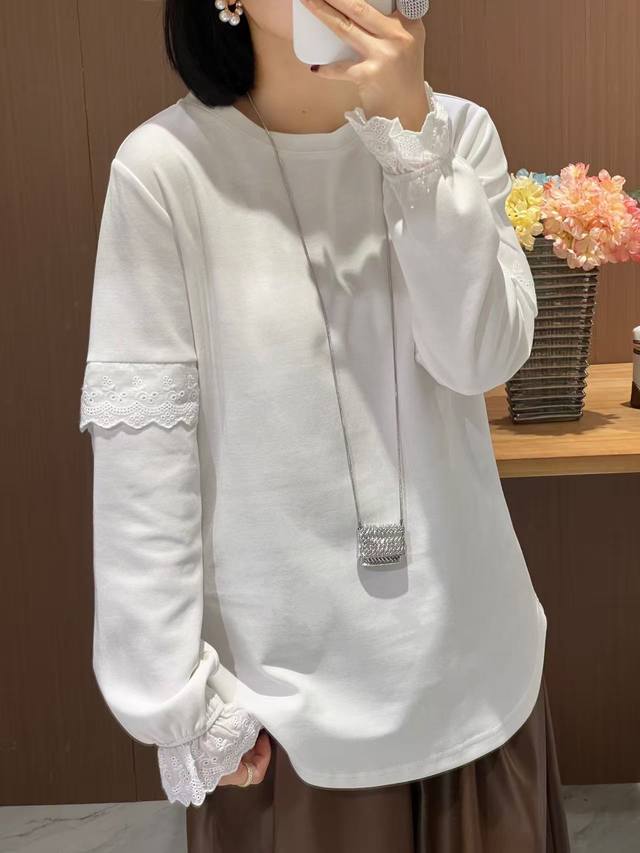 上新款 纯棉打底衫高级感蕾丝花边时尚百搭洋气宽松长袖T恤 面料:棉 颜色:白色 尺码:S-Xxl