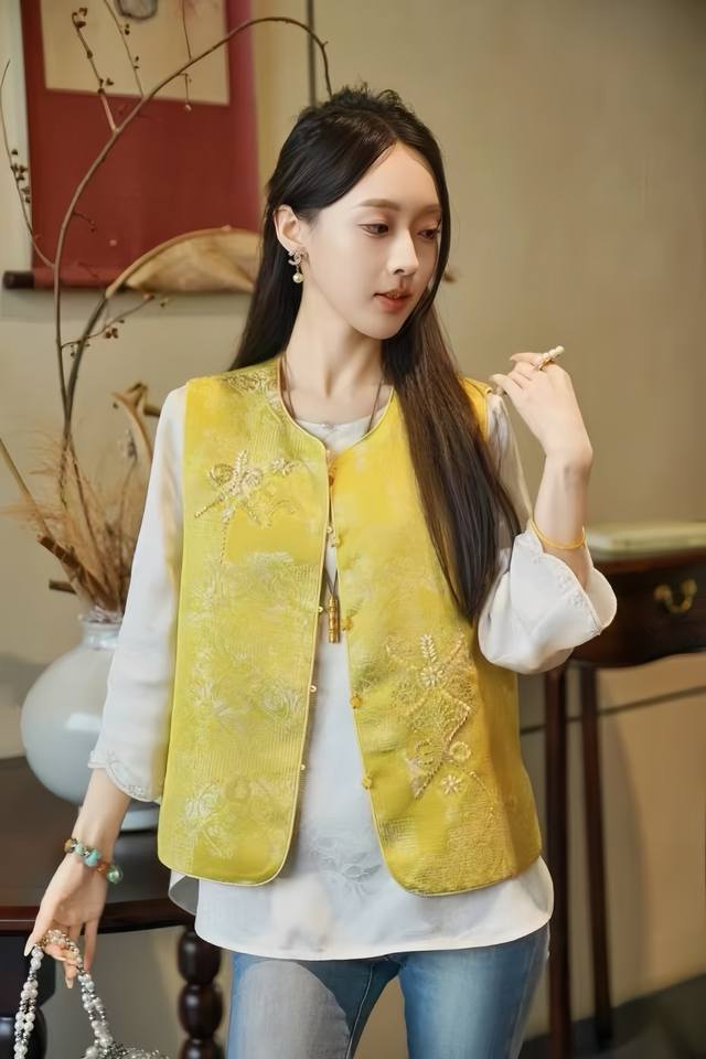 精致中式提花钉珠马甲 无领设计简约大方 精致刺绣点缀 盘扣增添古韵 线条利落 将传统与现代融合 尽显东方雅韵Smlxl