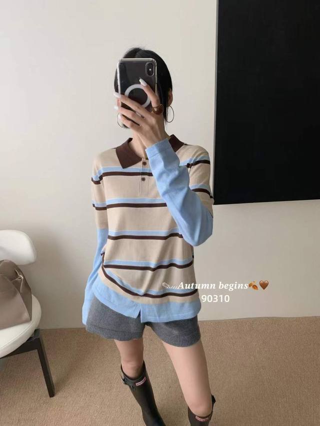 秋款上新30羊毛polo领袖子拼色长袖上衣 均码