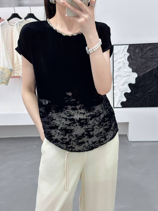 新款 真丝丝绒定位烧花圆领手工订珠短袖上衣 黑色Smlxlxxl