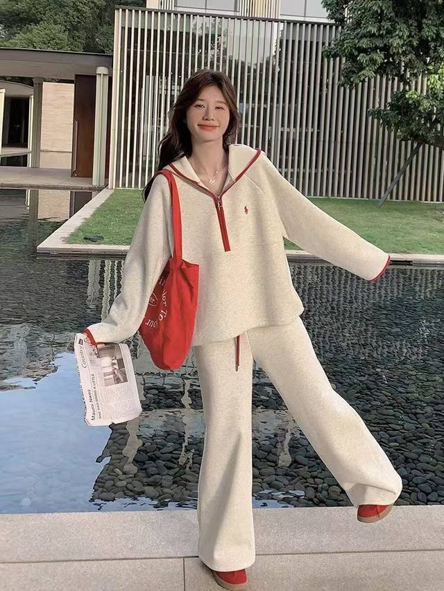 韩系撞色条战马连帽套装