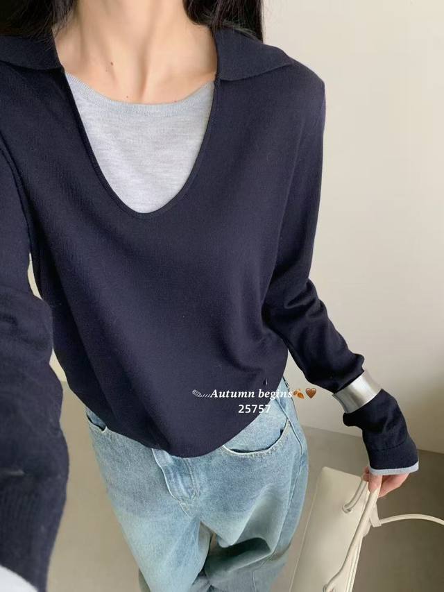 简约高级感假两件翻领针织衫25宽松显瘦百搭上衣 细羊毛 均码