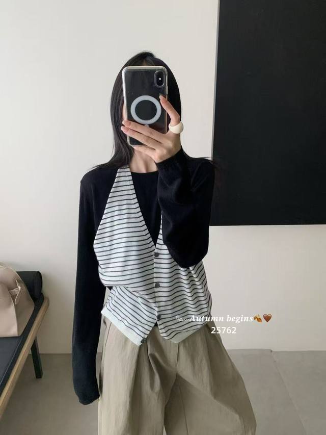 韩系设计感百搭挂脖显瘦条纹针织打底衫长袖 均码 细羊毛