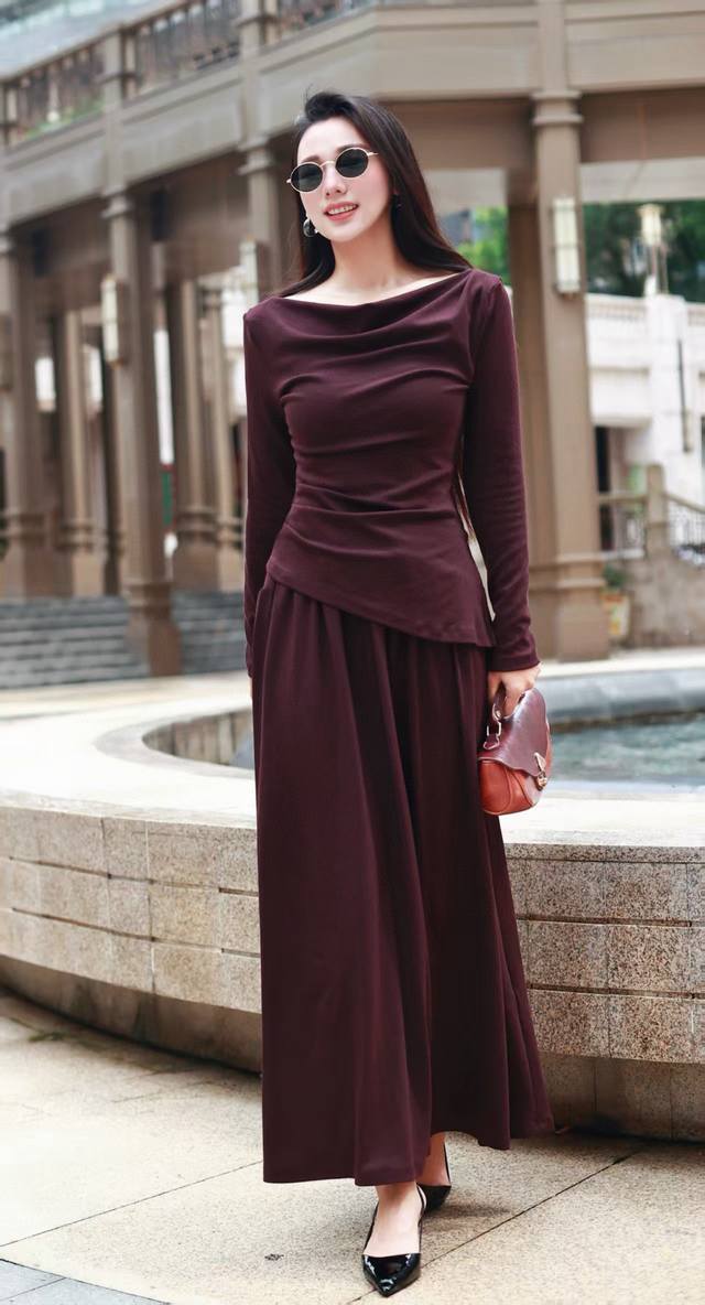 25秋款上新 荡领斜裁收腰长袖上衣松紧腰半身裙 三色，安哥拉红，黑色，灰色S-Xl