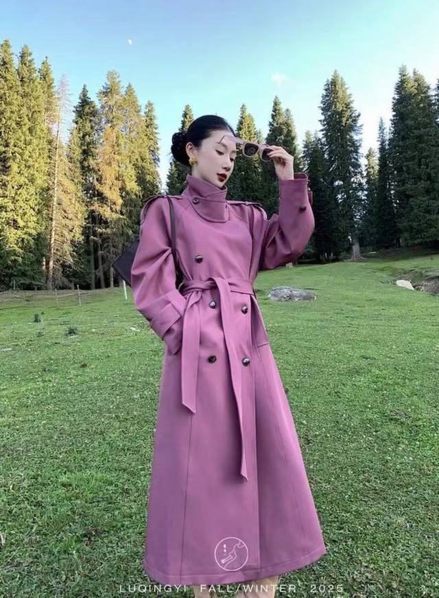 高级感巨好看长款风衣 紫色显白翻领肩章腰带收腰显瘦风衣外套Smlxl