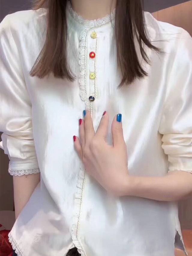 2025早秋新款 法式设计感双层天丝 小众蕾丝花边立领长袖上衣 高端洋气单色Smlxl