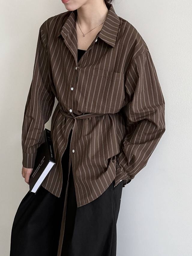 韩系通勤气质肌理感条纹休闲衬衫女秋新款复古轻熟上衣，两色Sm