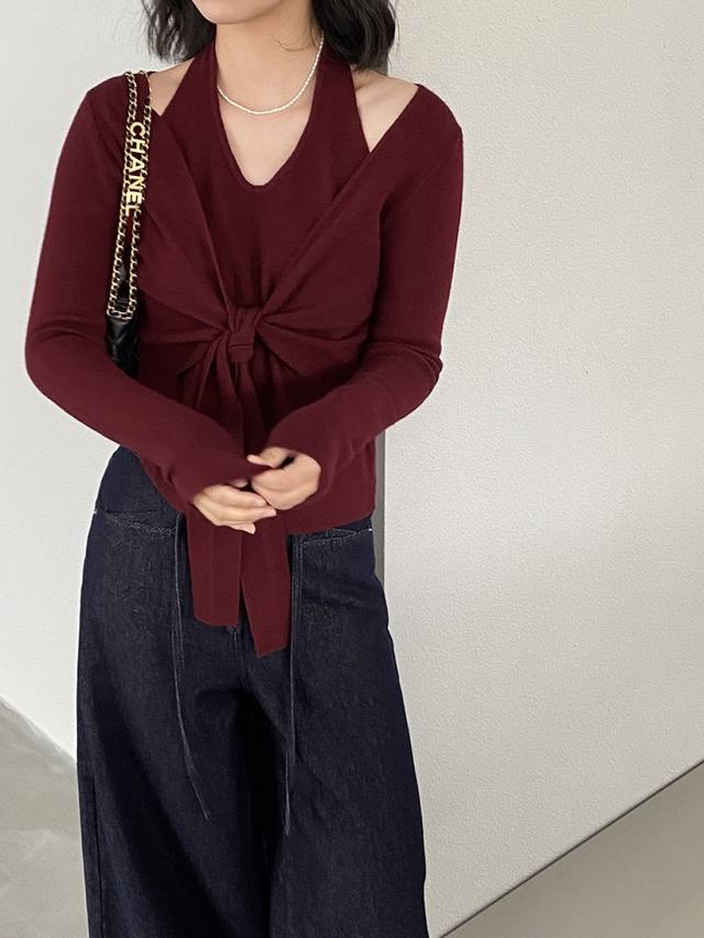 早秋搭档 法式挂脖显白针织衫女秋绑带长袖内搭显瘦上衣，4色均码