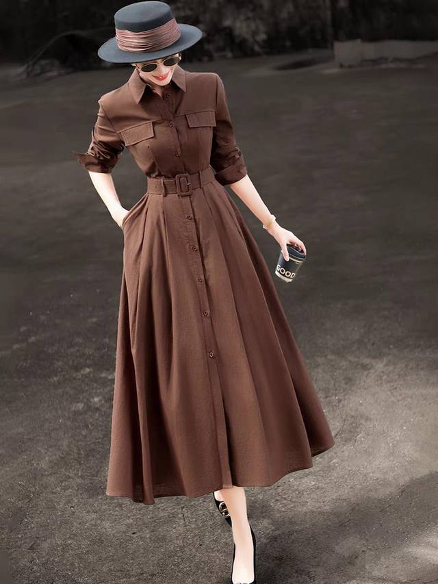 面料 亚麻 高端设计感老钱风气质赫本裙子通勤简约收腰大摆连衣裙 原创 双色四码Smlxl