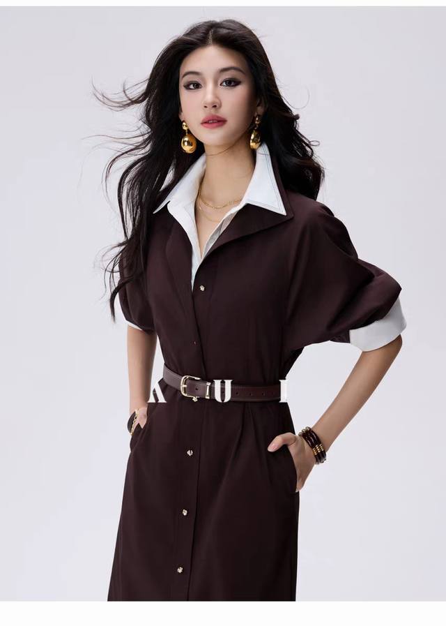 爆款推荐，羊毛混纺裙 叠穿 单穿超飒 polo领连衣裙女秋冬季单排扣气质收腰长袖直筒裙Smlxl配腰带