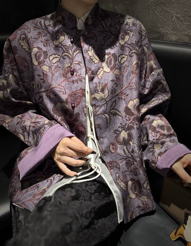人丝真丝羊毛混纺过薯良香云纱紫色印花外套宽松版型包容性强，S Xl