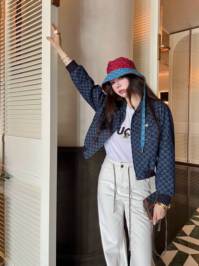 G家 夹克外套 牛仔双G提花面料 螺纹拼接设计 高品质 单色三码 蓝色 Sml