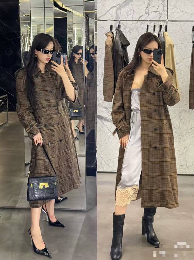杨树林同款风衣 精纺羊毛格子长款大衣 气质无敌Smlxl