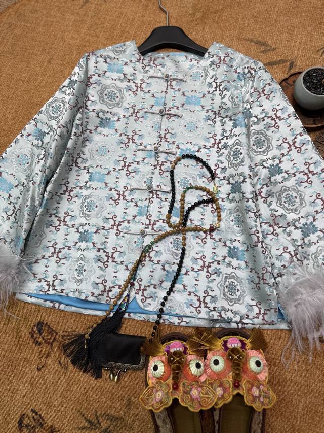 早秋新款真丝宋锦拼鸵鸟毛外套两色，S-Xl