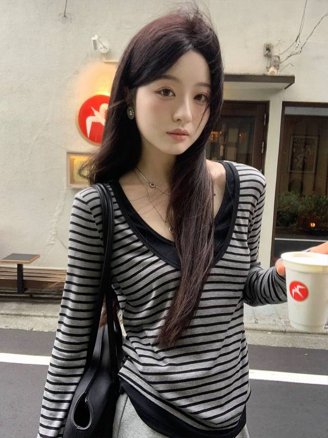 上新款 天丝棉羊毛条纹针织假两件上衣 图片色 S一Xxl 5码