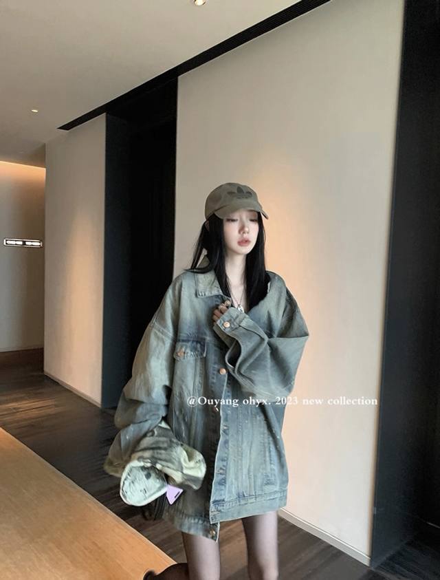 美式复古牛仔外套宽松休闲夹克上衣设计感小众随性落肩H大廓形设计 打造出美式街头潮流雅痞风 随性又潇洒Smlxl