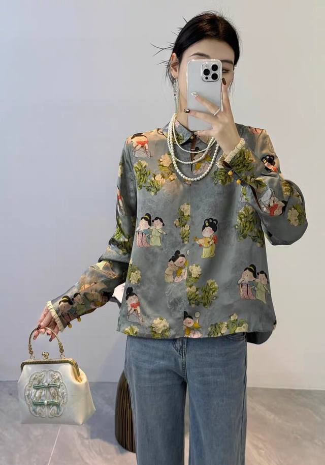 翻单出货！十拿十补！国风套头衬衫！高端人丝提花！袖口拼接花边！亮眼吸睛！质感满满！图色四码Smlxl