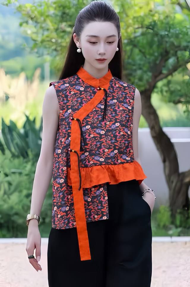 爆款来袭 中式高级不规则马甲 斜襟盘扣设计 拼接精致花纹饰边 线条利落 刺绣图案精美 细节处尽显典雅韵味与独特匠心 Smlxl