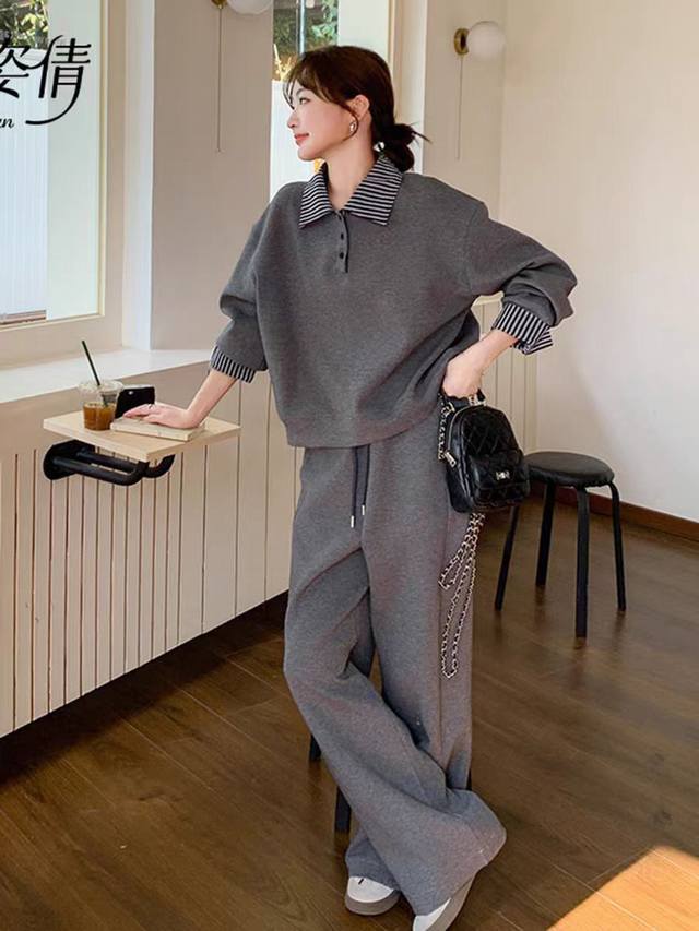 码数：S-M-L-Xl-Xxl 颜色：灰色 面料：聚酯纤维 描述： 时髦度一直高居不下 条纹衬衣领口，休闲中带点正式感 阔腿大长裤的搭配同样是充满着时髦的气质