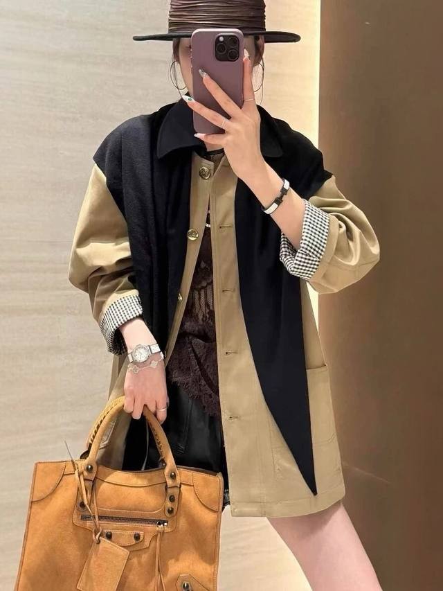 设计感针织披肩撞色风衣外套，慵懒随性干练利落的剪裁线条不拖泥带水的干练 经典的H版型包容各种身材 Smlxl