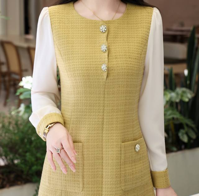 小香风简约长袖连衣裙,甜美减龄,高端品质，简单大气，版型超好黑色,黄色Smlxlxxl