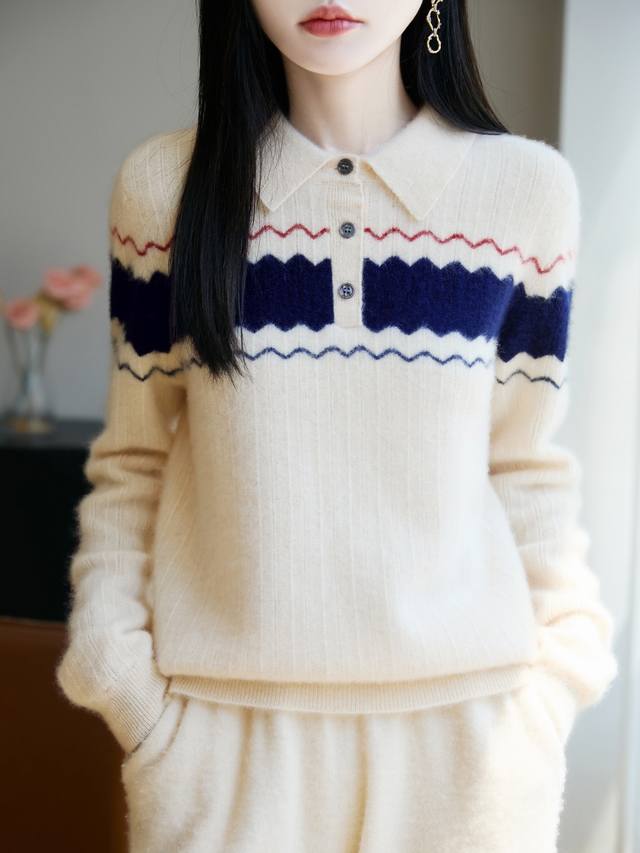 100%羊毛学院风波浪纹polo领针织衫