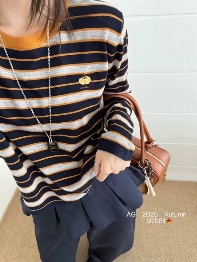 欧洲站2025早秋新款南瓜刺绣圆领条纹拼色针织衫女宽松百搭上衣潮