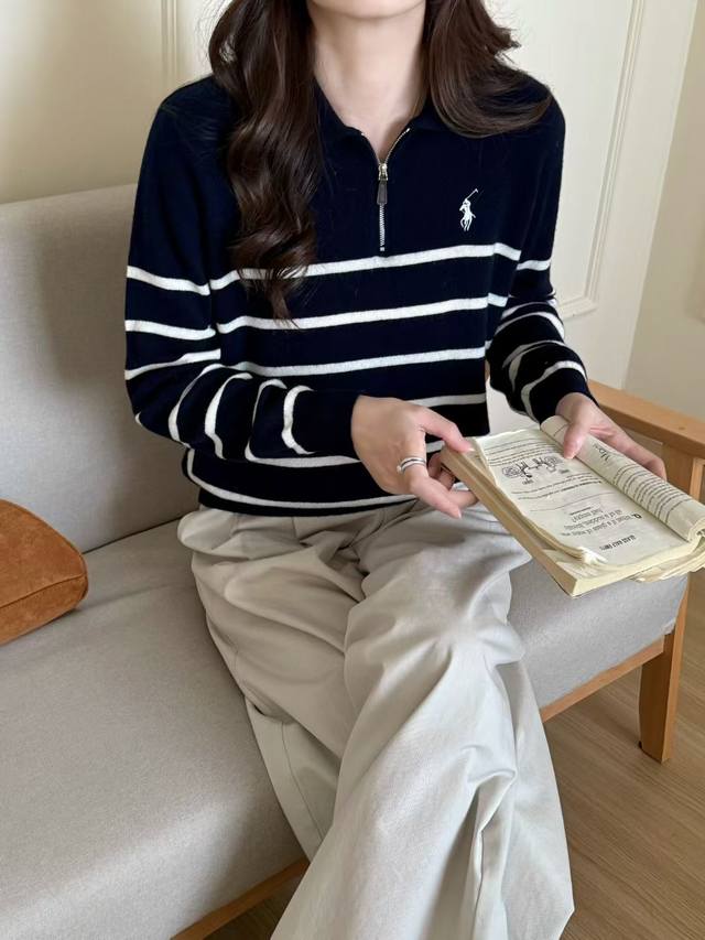 欧货女装2025秋季新款时尚翻领半拉链条纹拼接短袖针织衫
