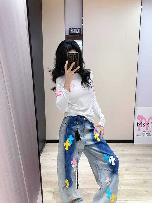 克罗渐变彩色拼皮十字架牛仔裤 Smlxl