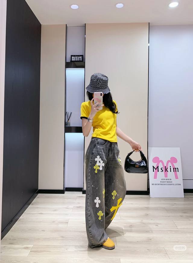 克罗黄白十字架拼皮牛仔裤 宽松版本 上身显瘦 阔腿很舒服的长裤 Smlxl