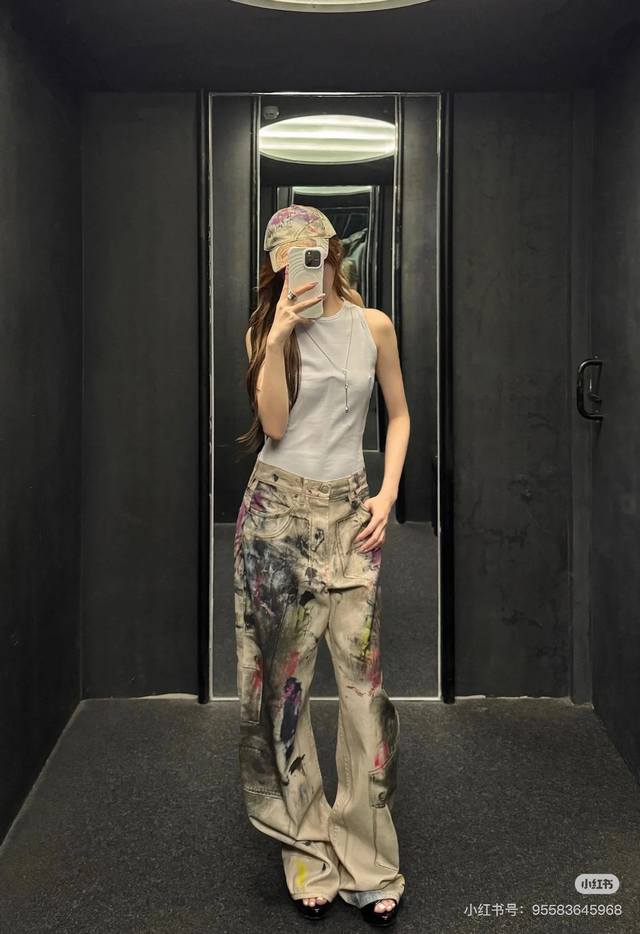 Ac*E美式辣妹不规则做旧涂鸦牛仔阔腿裤女秋冬垂感高腰宽松直筒长裤 Sml
