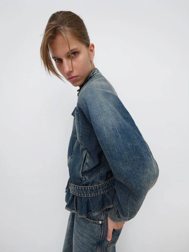 25pf早秋Gimaguas花苞口袋牛仔外套Sml ：牛仔蓝