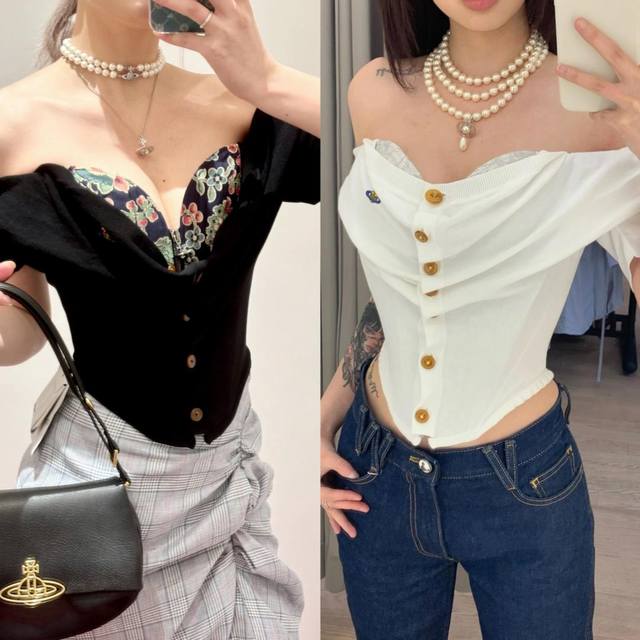 25Ss春夏Vivienne Westwoodbea印花、蕾丝鱼骨上衣黑色印花、白色蕾丝。上身效果无敌、亲测收腰。Sml ：黑、白