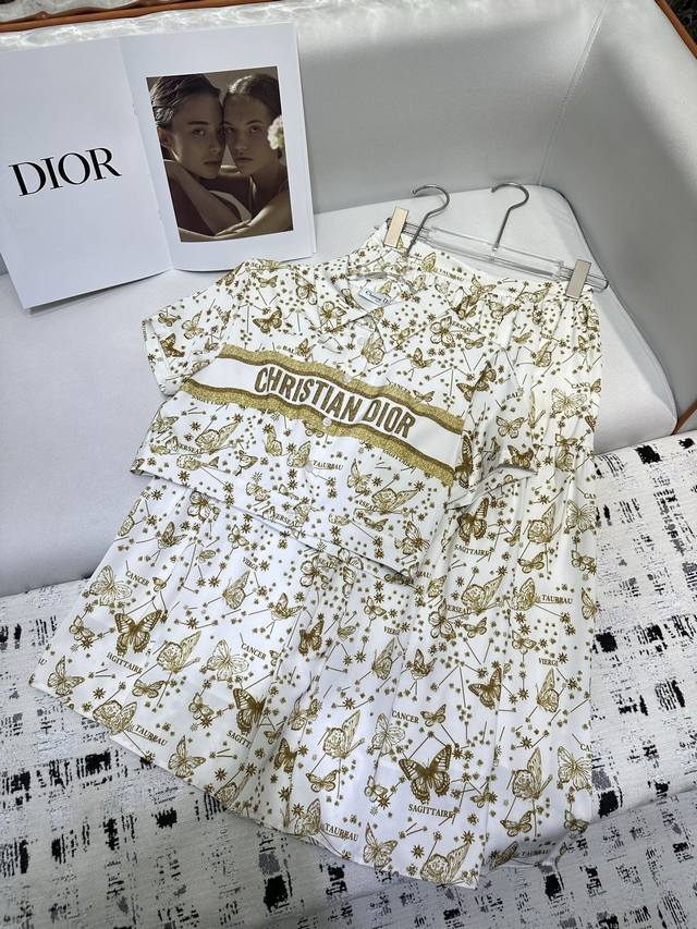 dior 25Ss新款短款衬衫半身裙套装 蝴蝶印花面料 做工精细 单色三码 Sml