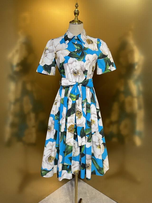 Dg蓝底栀子花棉布短袖大摆衬衫裙Smlxlxxl