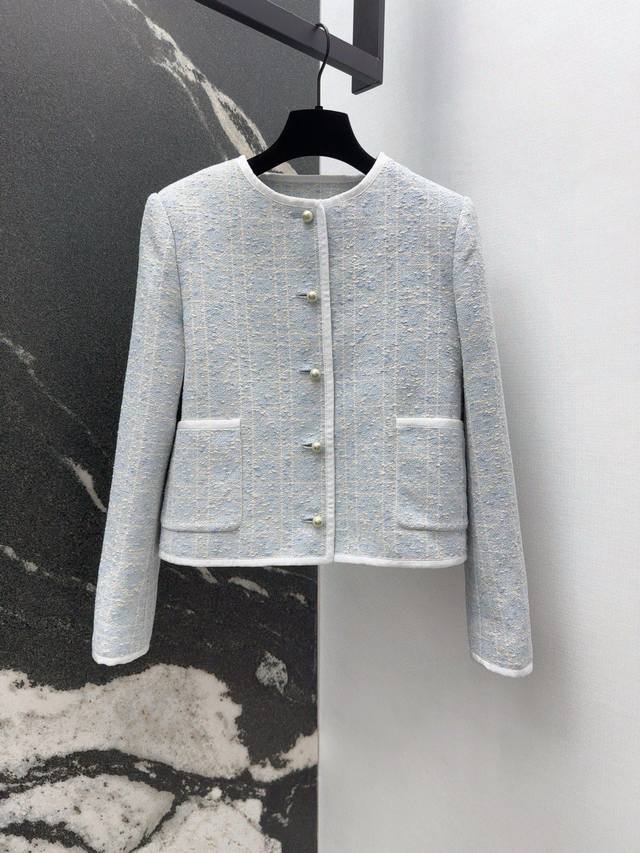 Cd 25Ss 早秋新品Miss D限定冰川蓝戴妃藤格纹经典箱型圆领西装小外套 开发定制立体编织粗花呢面料立体挺阔 经典H版型上身显瘦又高挑 百搭不挑人财阀千金