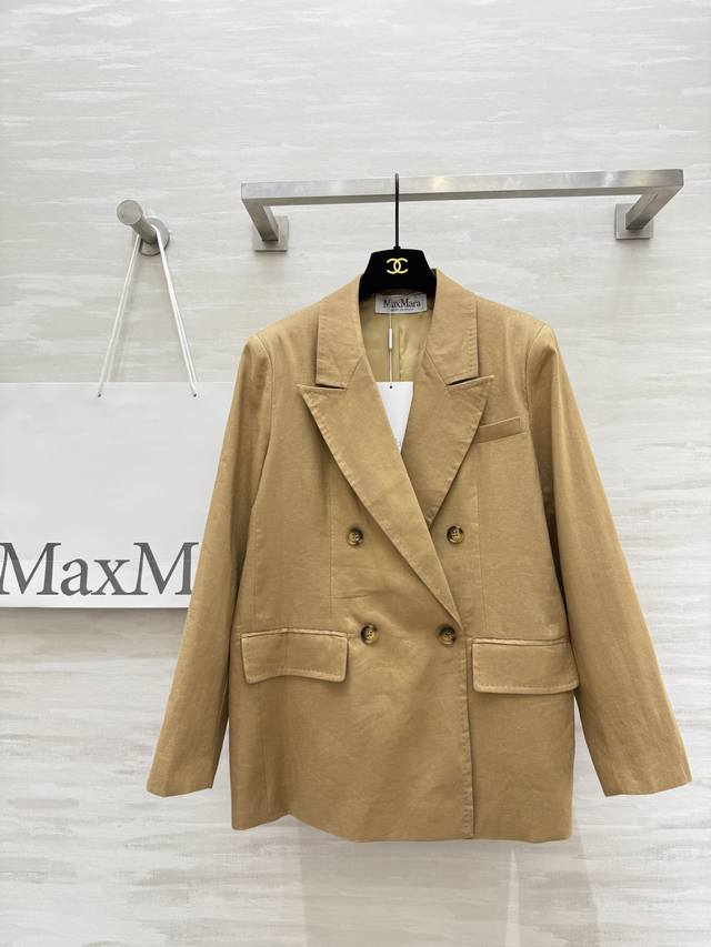 Maxmar2新款 复古老钱风 亚麻西装外套 明线工艺枪驳领剪裁 经典双排扣设计极简主义奢华不简 高智感时髦穿搭 上身干练优雅气场女神Style 高级大气版型上