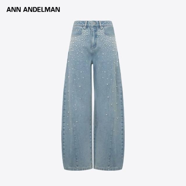 Alexander Wan*大王家新款 高端定制做旧洗水棉面料、重工钉珍珠高温烫钻Blingbling闪耀高级宽松百搭弯刀阔腿牛仔裤！浅蓝色， M码：腰围72，