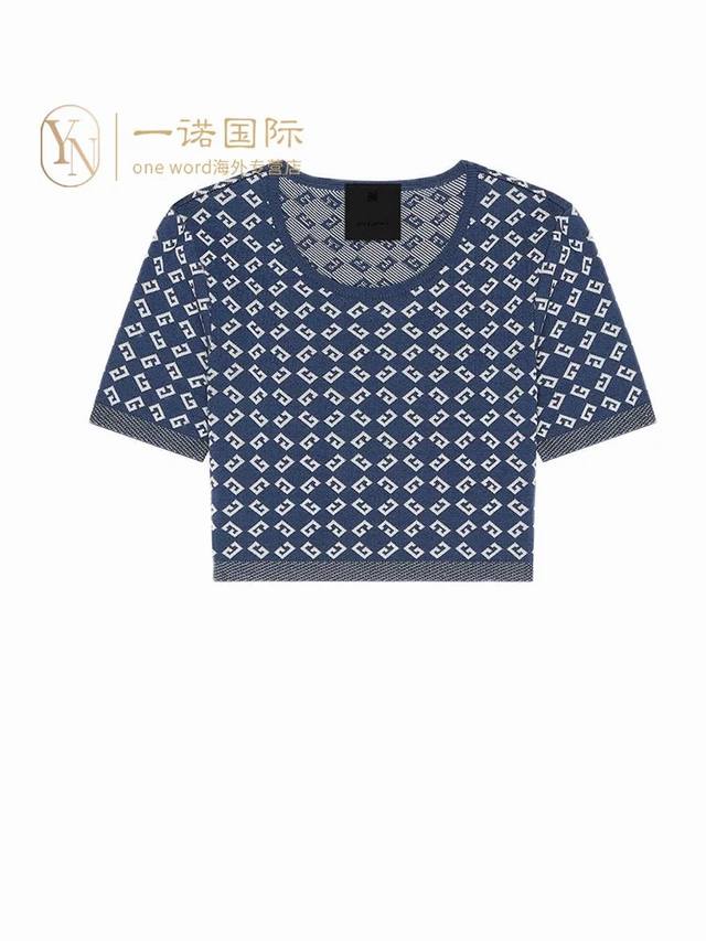 套装 、上衣 、裙子 Givench*Y纪梵家新款 高端定制通体字母提花修身两件套装！圆领短袖套头短款针织衫上衣高腰包臀后开叉中长针织裙半身裙！藏蓝色， M码：