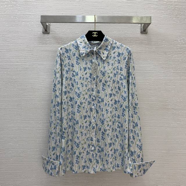 Loew*新款 满身花朵水墨印花 系扣门襟翻领弹力棉修身显瘦长袖衬衣上衣！ M码：肩宽37，胸围86，袖长61，衣长68